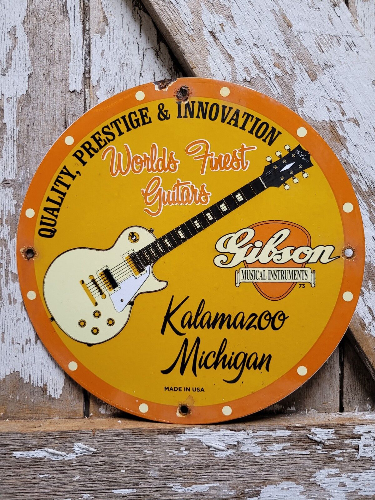 GIBSON VINTAGE PORCELAIN SIGN GUITAR MUSIC INSTRUMENT KALAMAZOO OIL GAS STATION