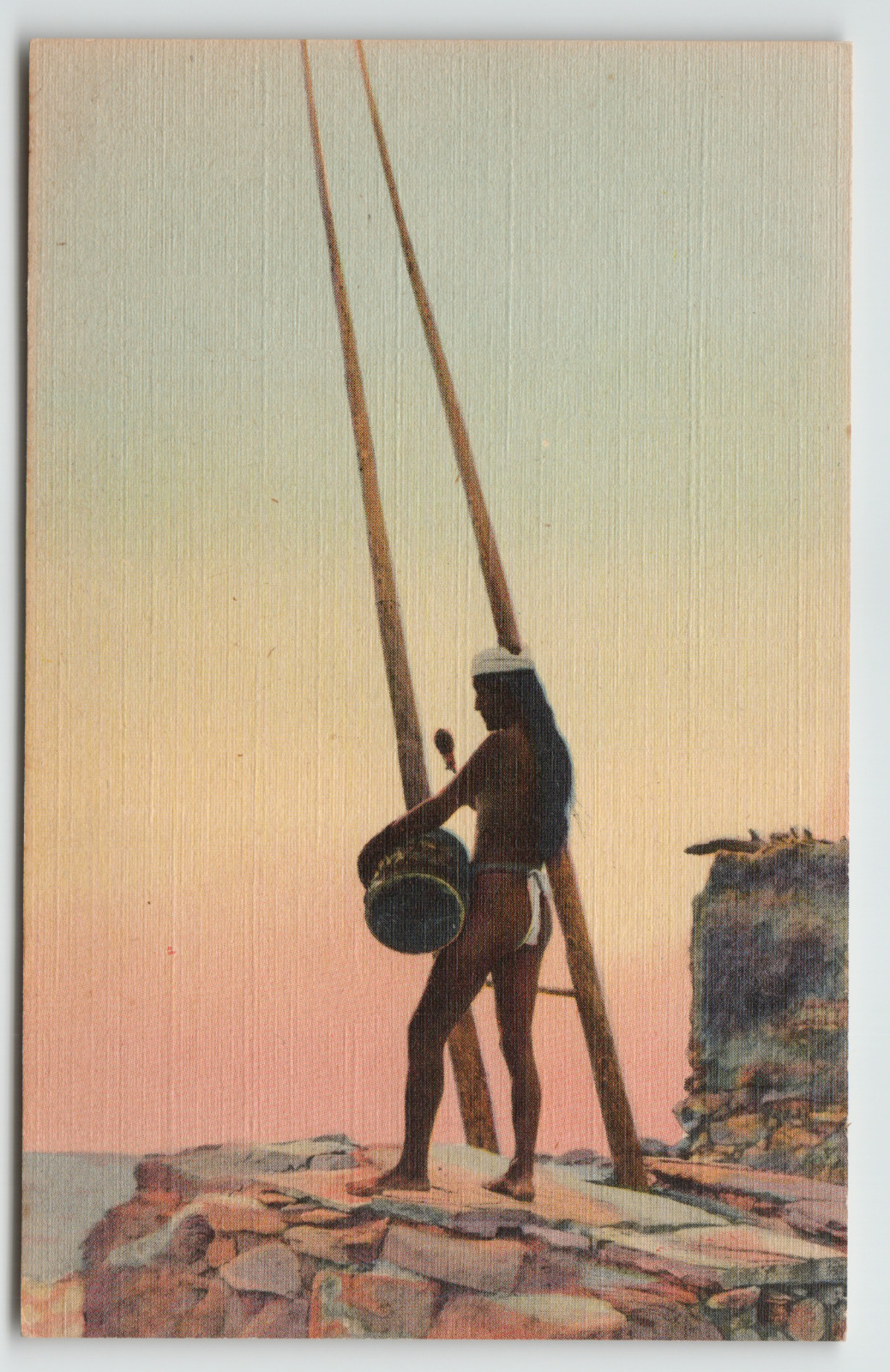 Postcard Indian Athlete Beating a Drum Calling the Clan For a Ceremony