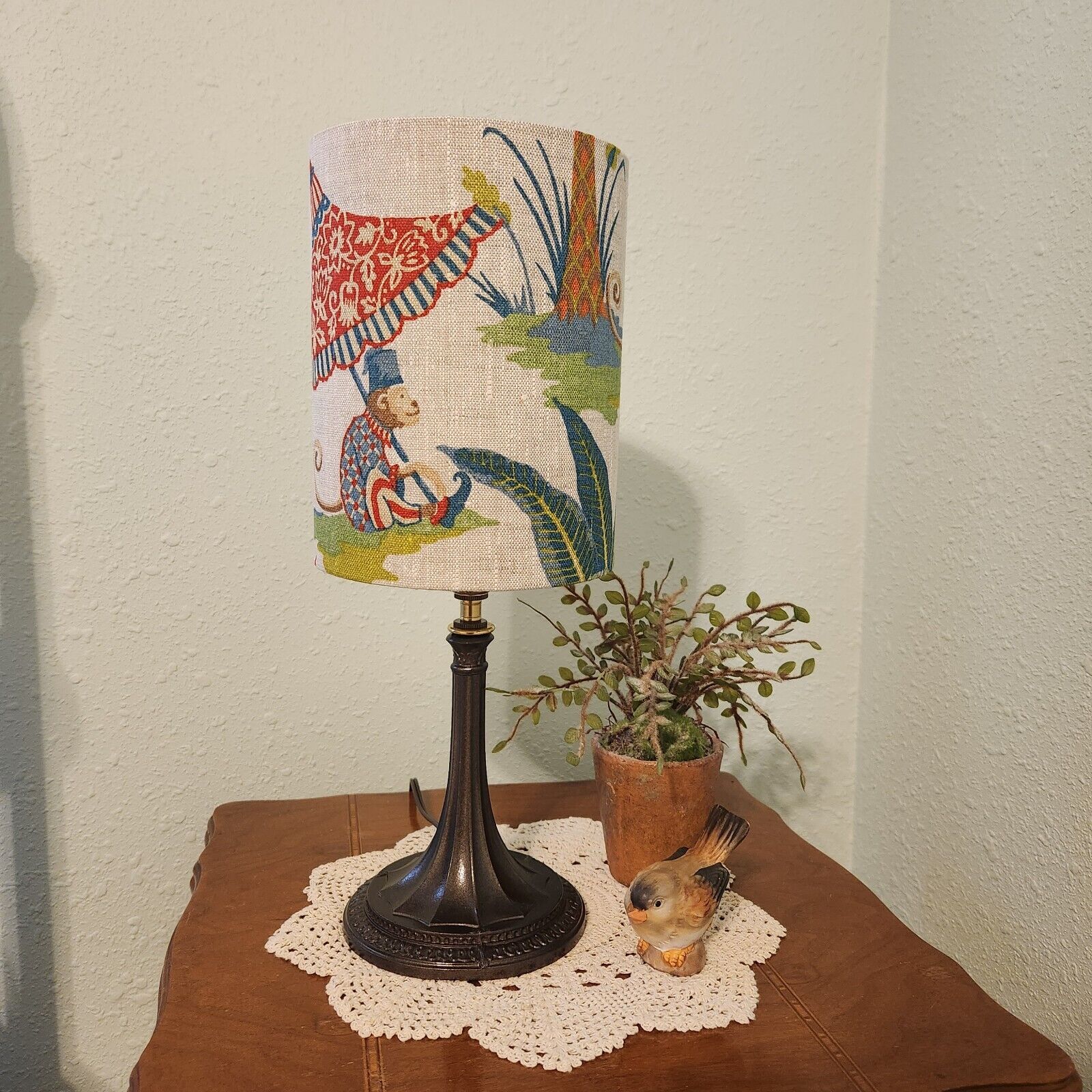 Vintage Cast Metal Lamp Base with Whimsical Style Handmade Lamp Shade