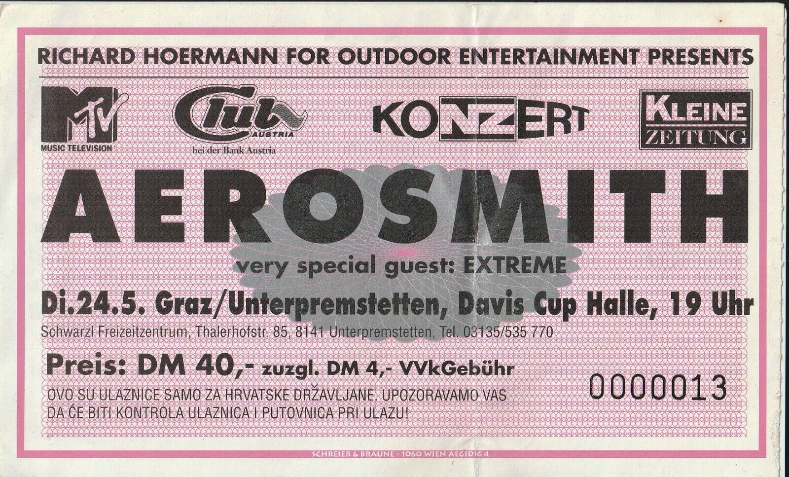 AEROSMITH TICKET Graz AUSTRIA 24th May 1994 Get A Grip Tour xl format 15cm #0013