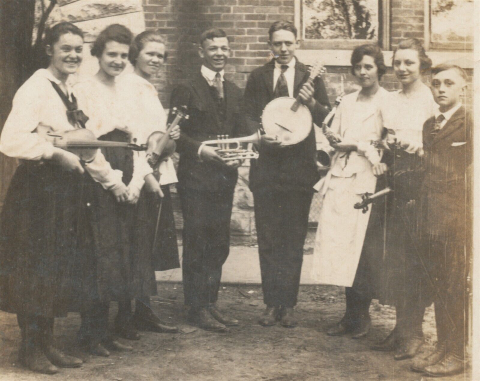 Photo Band Of Eight With Musical Instruments Flugelhorn Banjo Violins