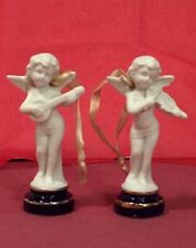 2 Vintage Bisque Angels With Cobalt Blue Base , Musical Themed Karen Carson picture