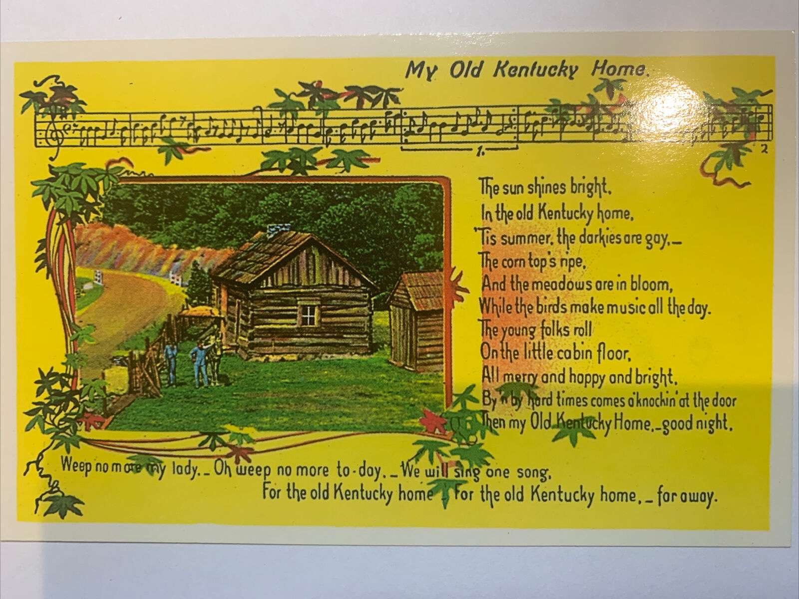 My Old Kentucky Home Song Lyrics Vintage Linen Postcard KY