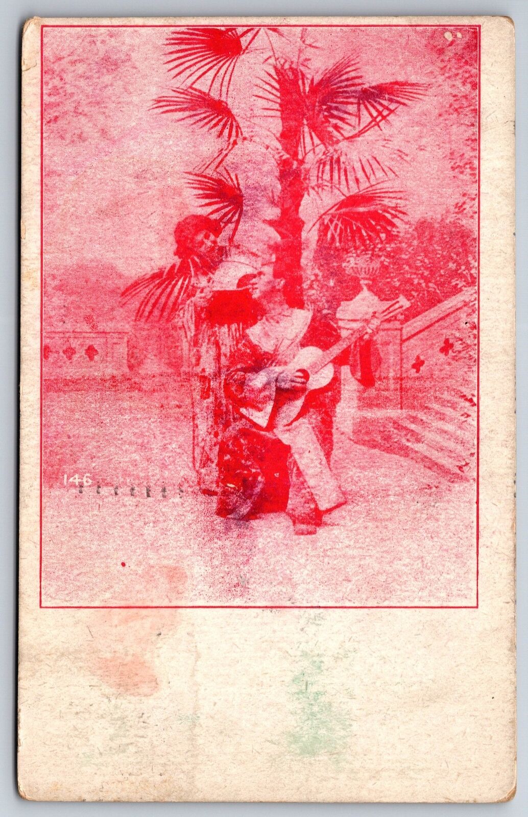 Man Plays Guitar While Wife Sings A Serenading Song~Red Tint 1911 Postcard
