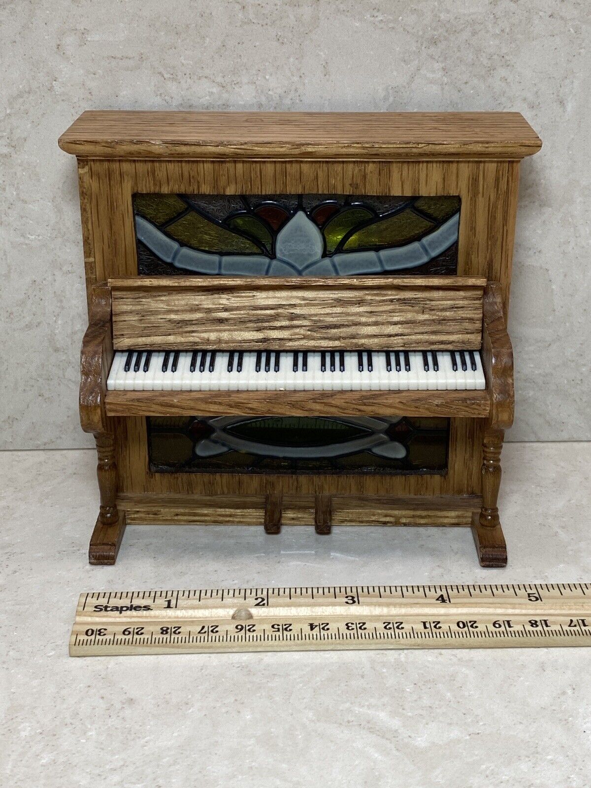 Vintage Simson Mini Wood Piano Music Box Stained Glass Look Made in Taiwan