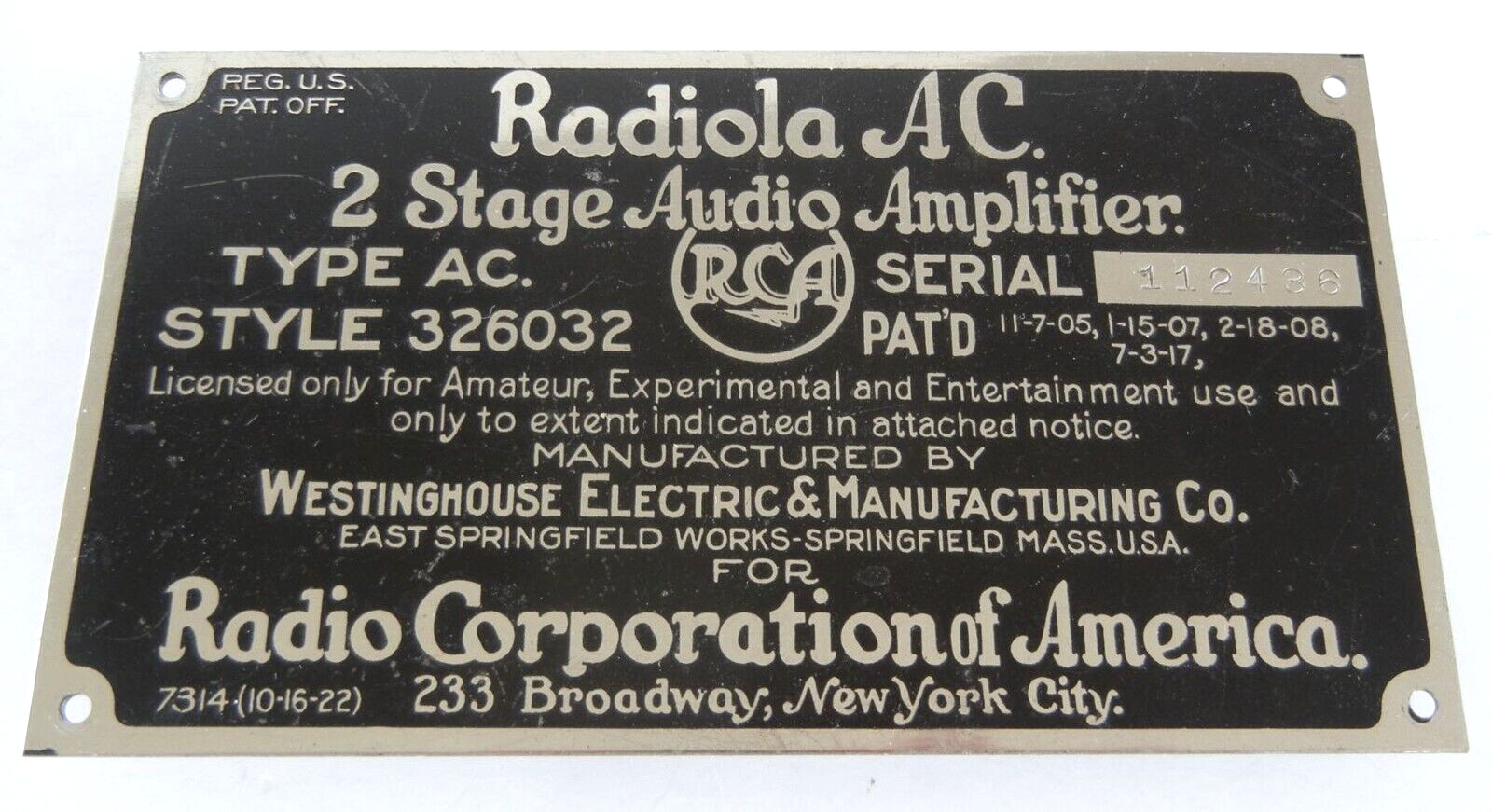 Vintage 1920s RCA Radiola AC Audio 2-Stage Amplifier METAL TAG Brass Nameplate