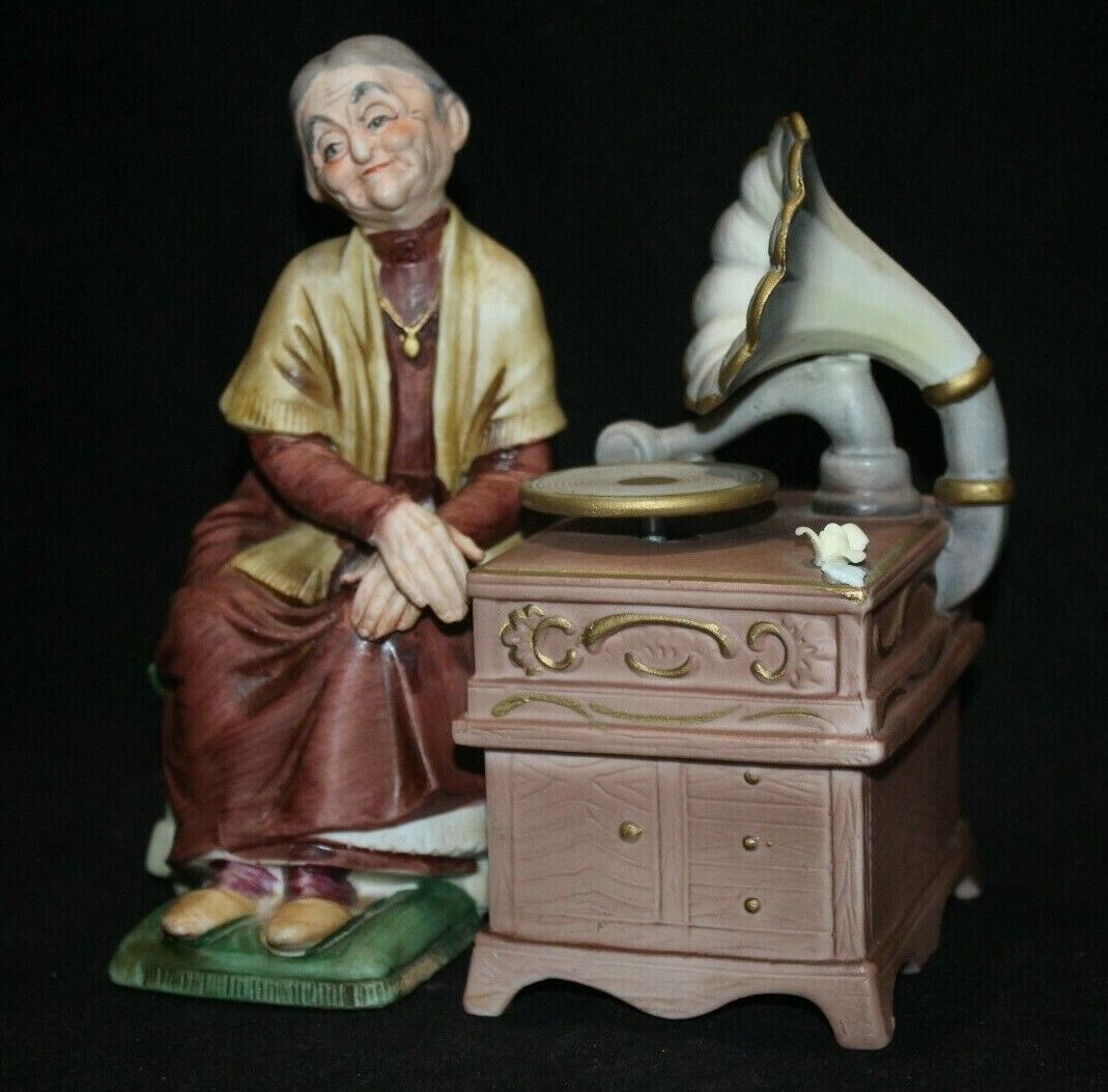 Vintage Ardalt Porcelain Smiling Lady Next to Record Player Phonograph Music Box