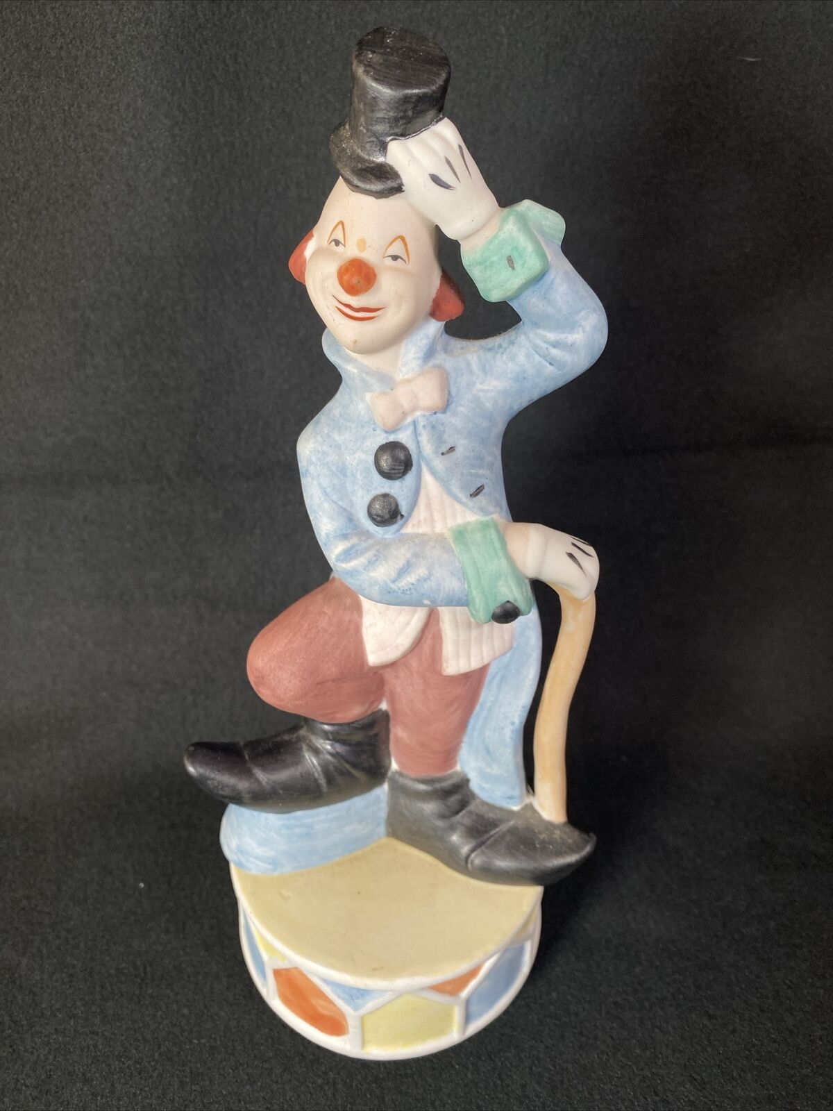 Vintage Clown Figurine In Tux & Top Hat Music Box on Circus Drum Made in Tiawan