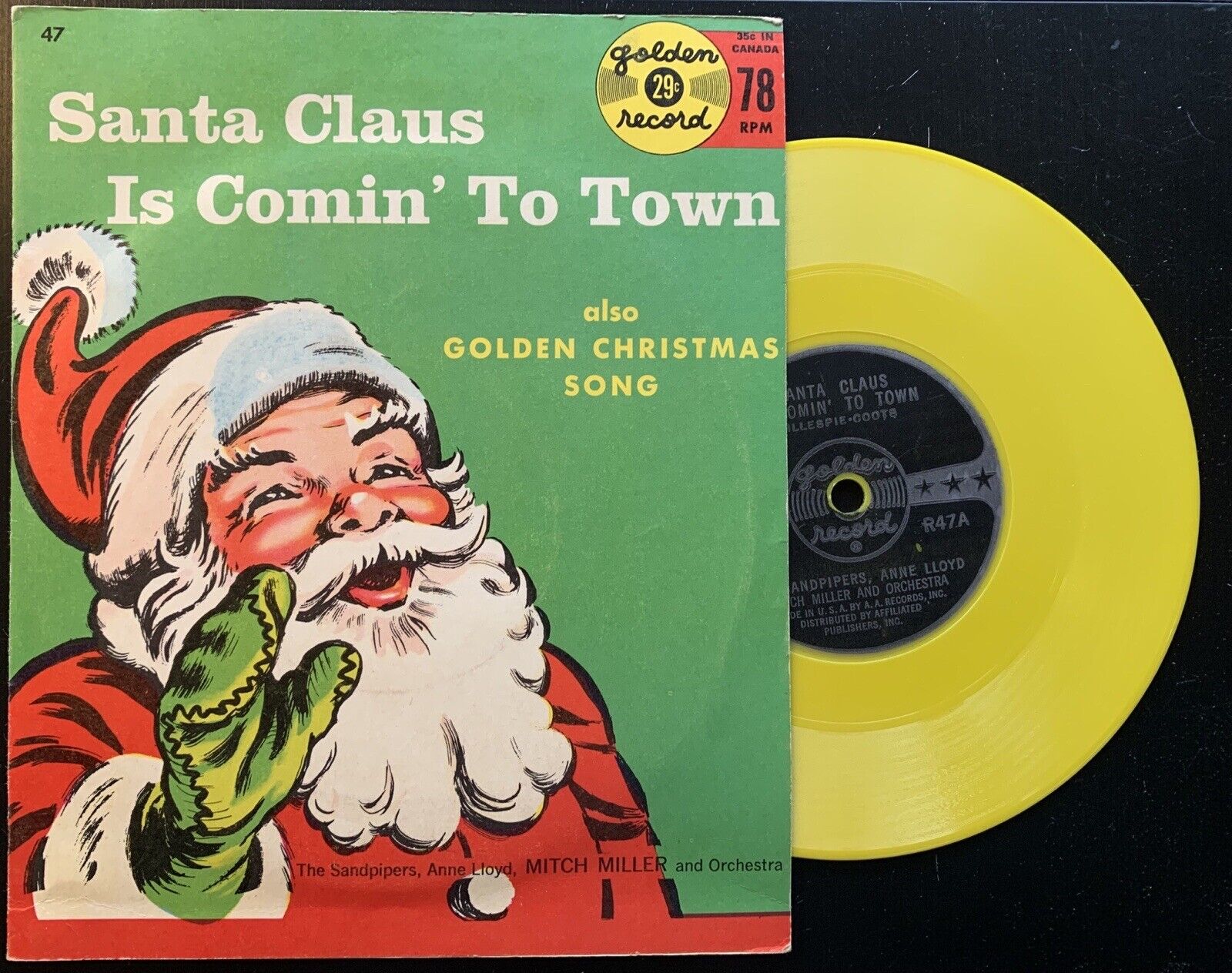 RARE Vintage Santa Claus is Coming to Town Mitch Miller 78 RPM R47 Golden Record