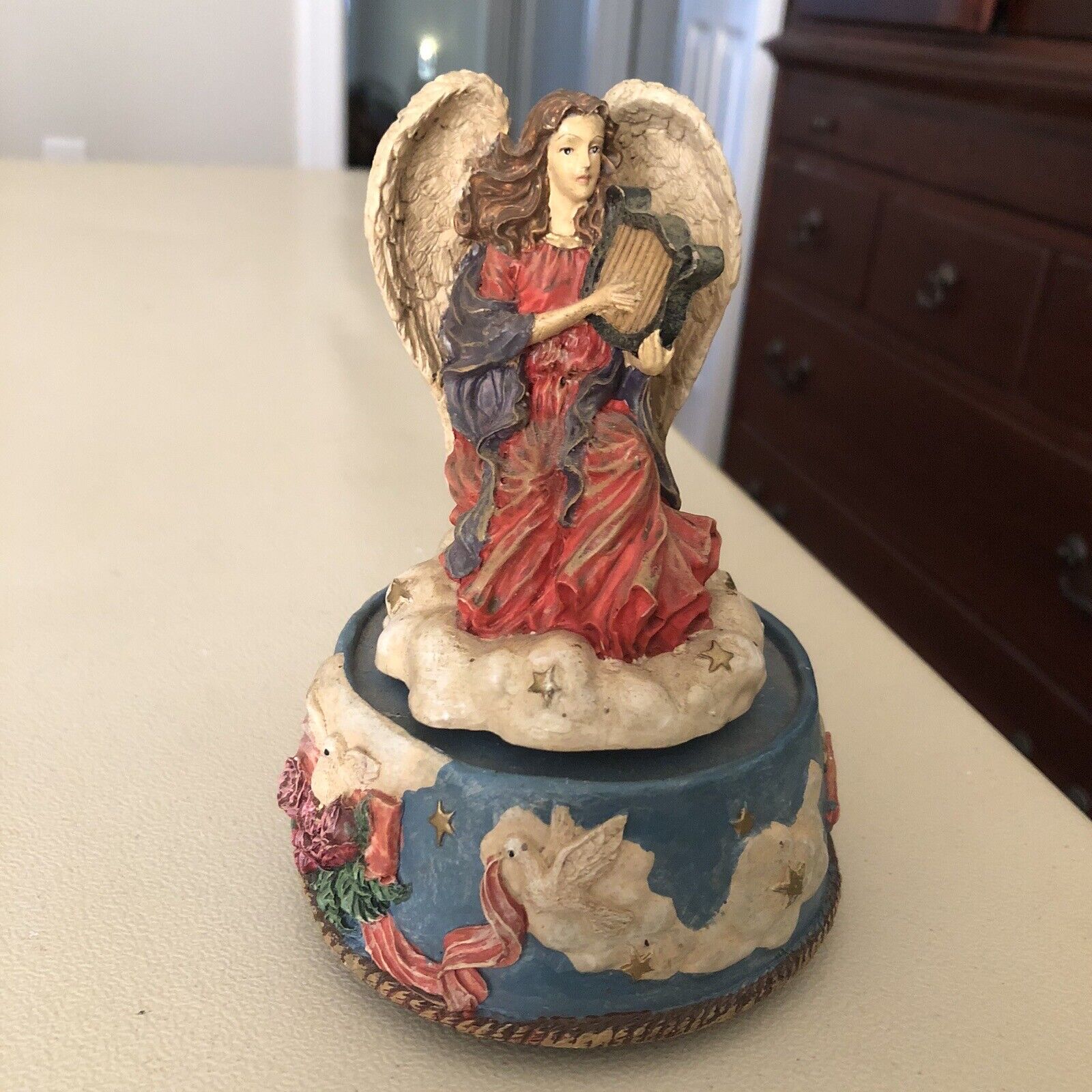 Vintage Angel Music Box With Harp Musical in Clouds Plays - Somewhere My Love