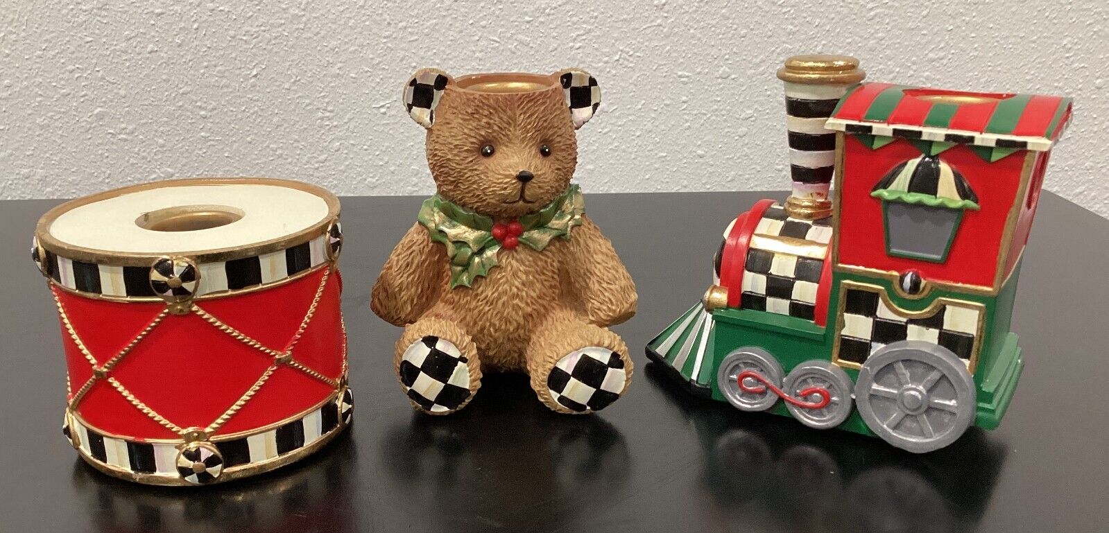 Mackenzie Childs Toyland Candle Holders Set of 3 Drum Bear Train Resin Brand New