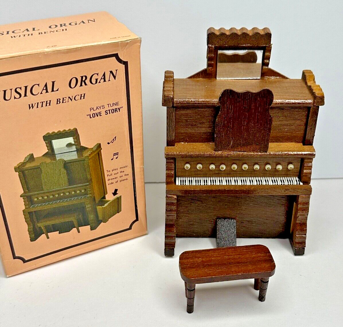 vintage wood organ musical box secret box with key bench Miniature Love Story