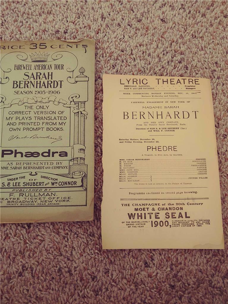 1905-06 SARAH BERNHARDT PHAEDRA FAREWELL TOUR PROGRAM + LYRIC THEATRE PAGE ACTOR