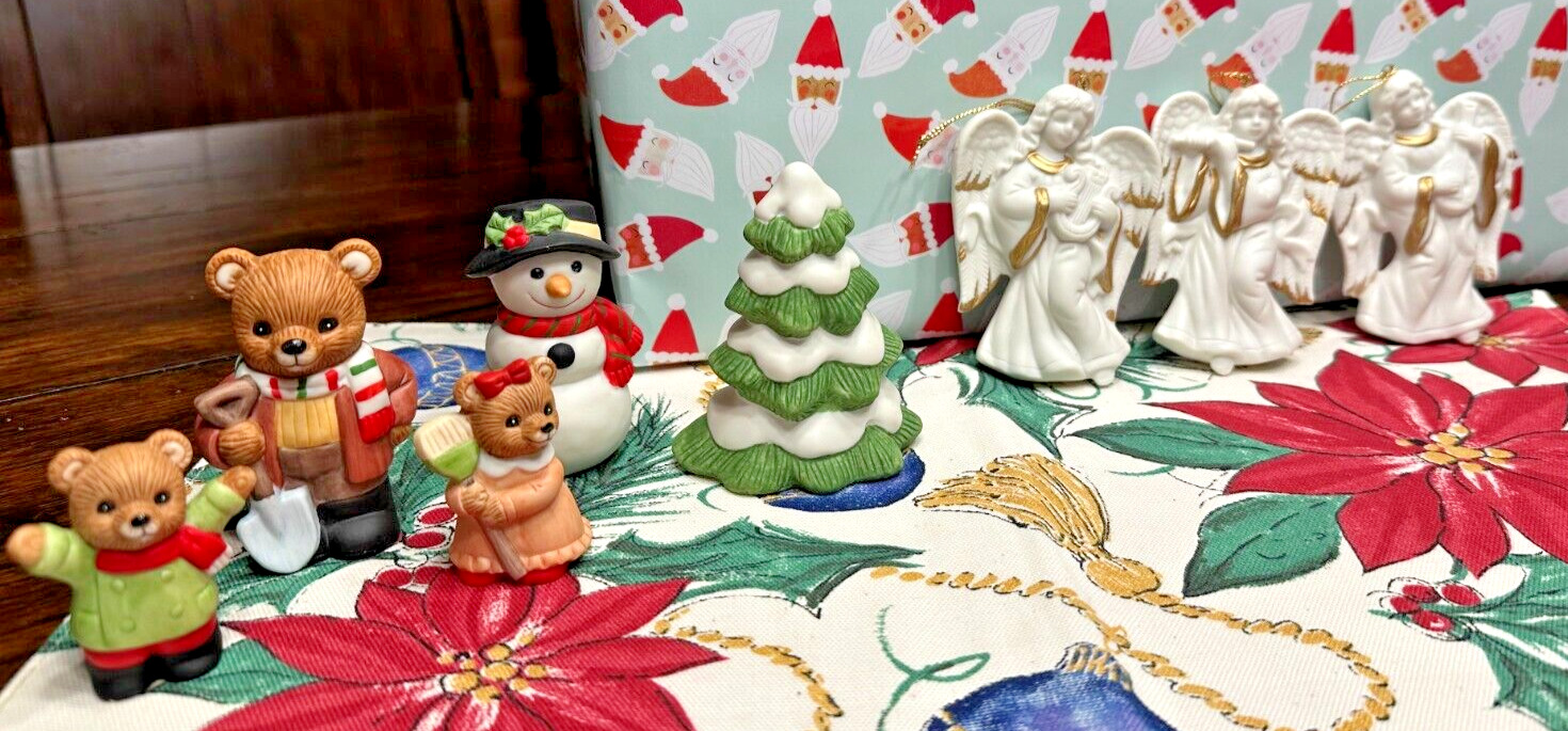 Lot Vintage HOMCO Christmas BEARS Set of 5 and Set of 3 Musical Angel Ornaments