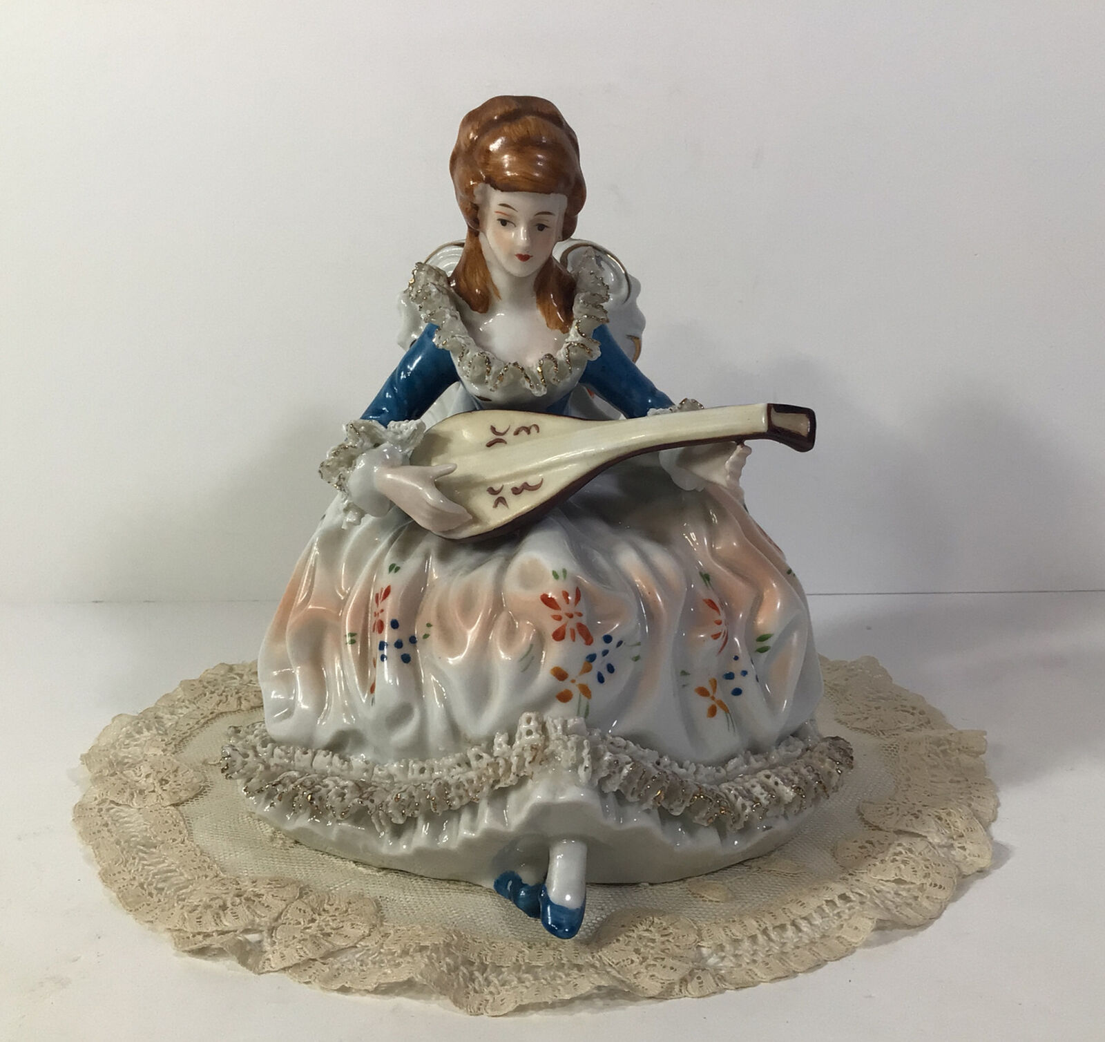 Vintage Porcelain Victorian Woman Figurine With Banjo~Dresden Style Ruffled Lace