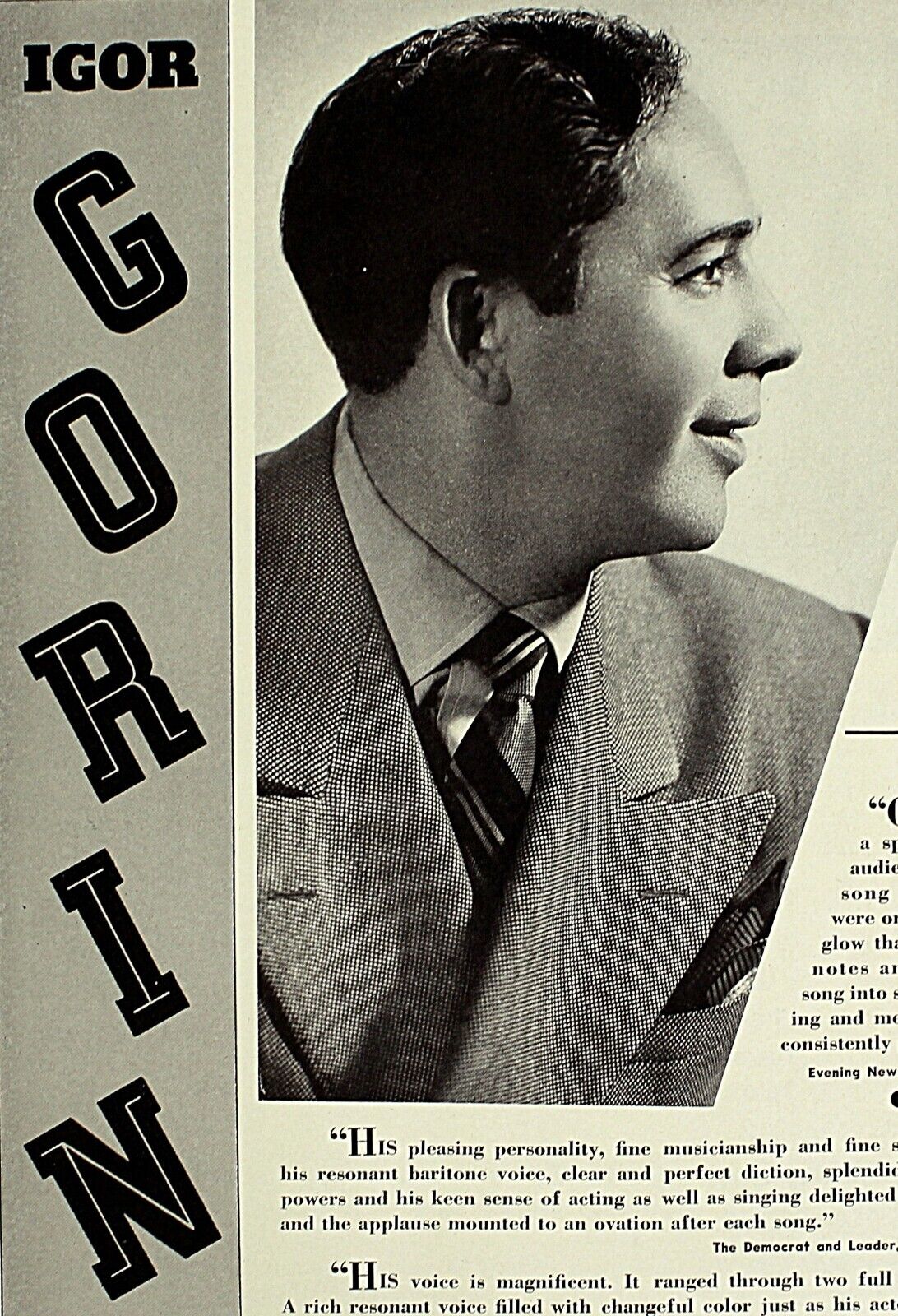 Vintage Music Print Ad IGOR GORIN 1949 Booking Ads 13 x 9 3/4