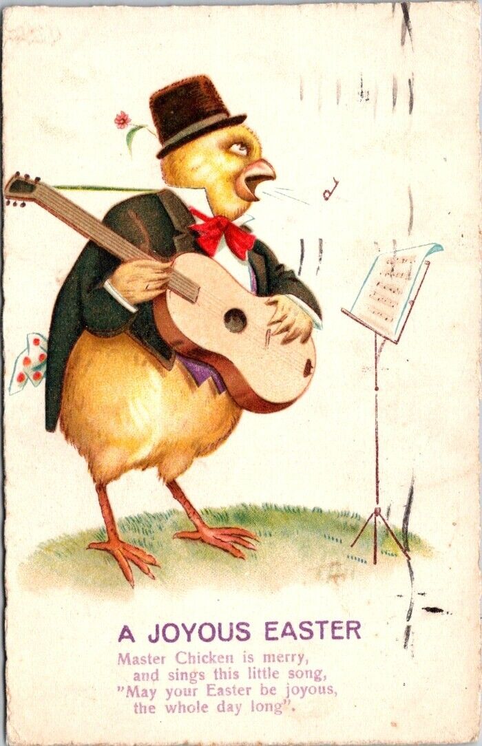 Easter Anthropomorphic Dressed Chick Chicken Singing Guitar c1920 postcard JP6