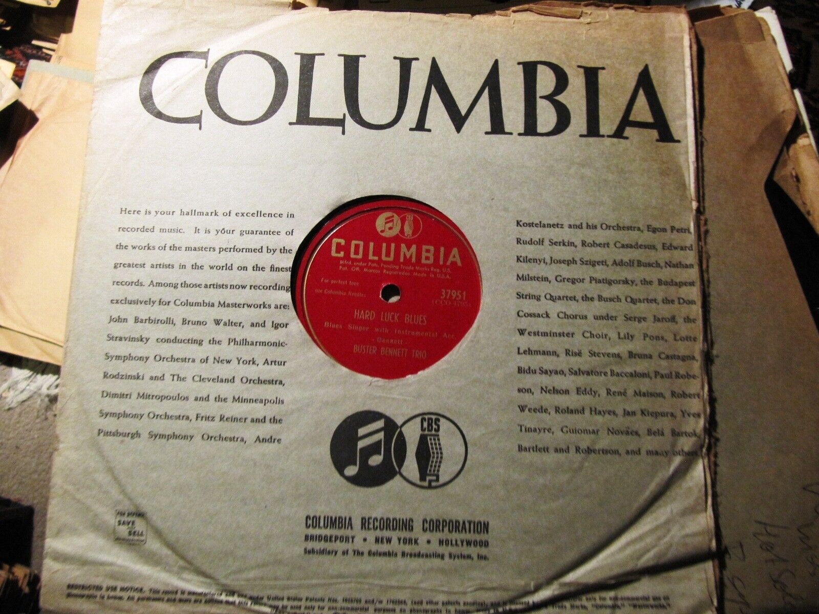 BUSTER BENNETT Trio Israel Crosby Hard Lick Blues / Mr B. Blows COLUMBIA 37951