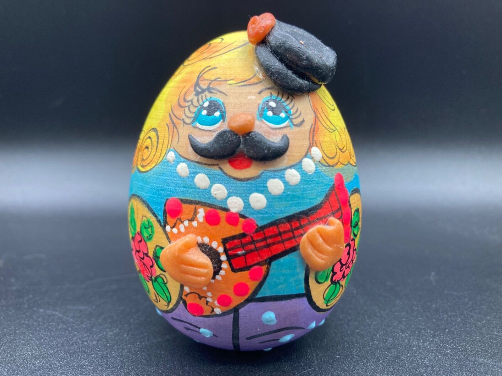 Wooden hand painted Mexican, playing banjo, egg