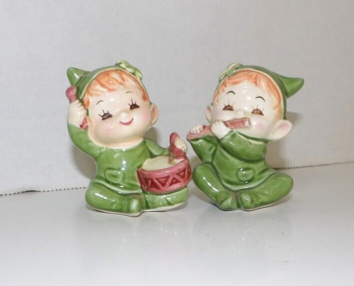 2 Vintage Porcelain Musical Elves Figurines Playing Drums & A Flute 