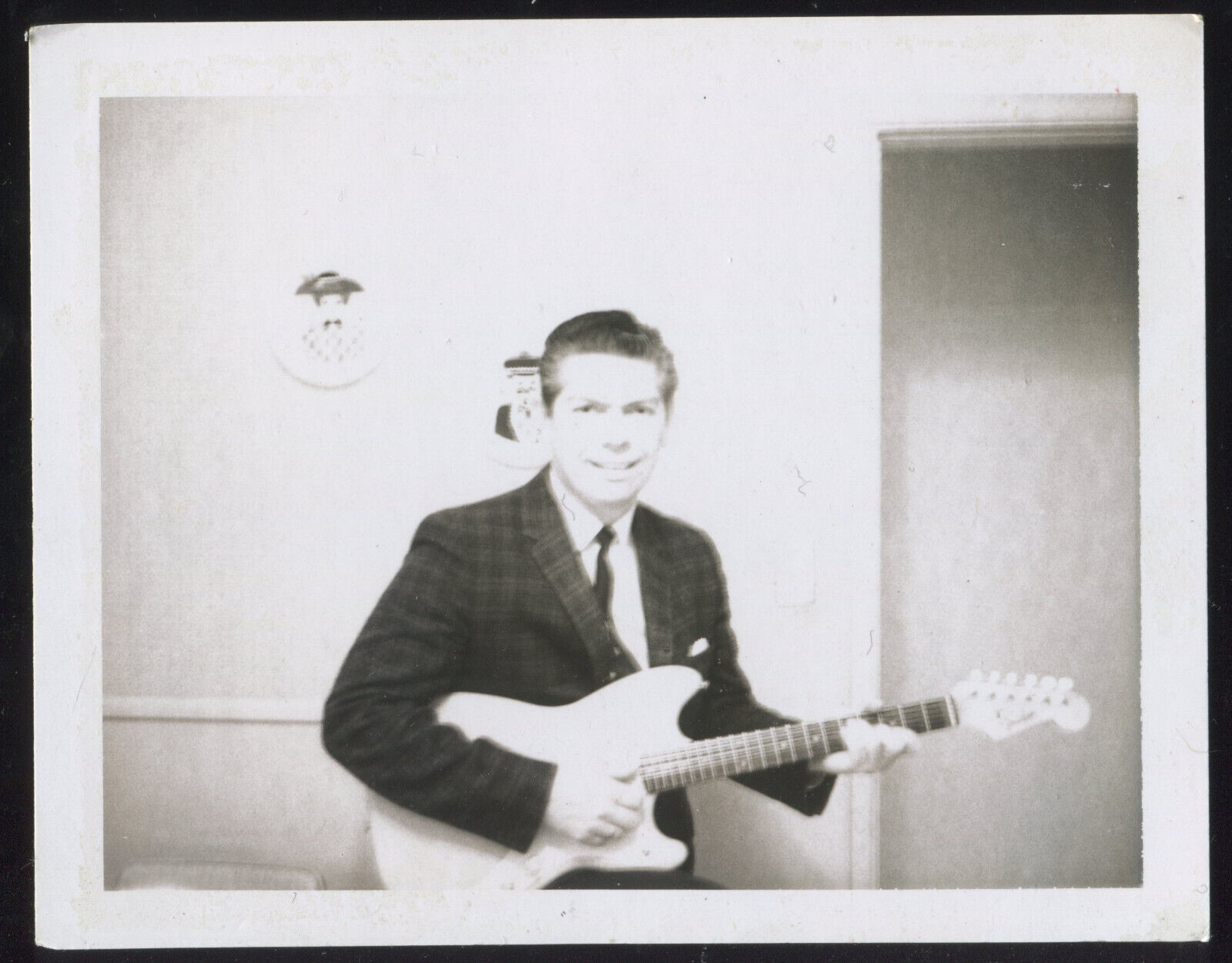FOUND PHOTO Guitar Player Holding Fender Musicmaster? 1950s B&W Snapshot VTG