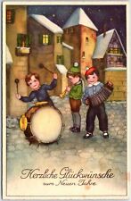 VINTAGE POSTCARD THREE BOYS DRUMS HARMONICA BUGLE CHRISTMAS GERMANY 1930s picture