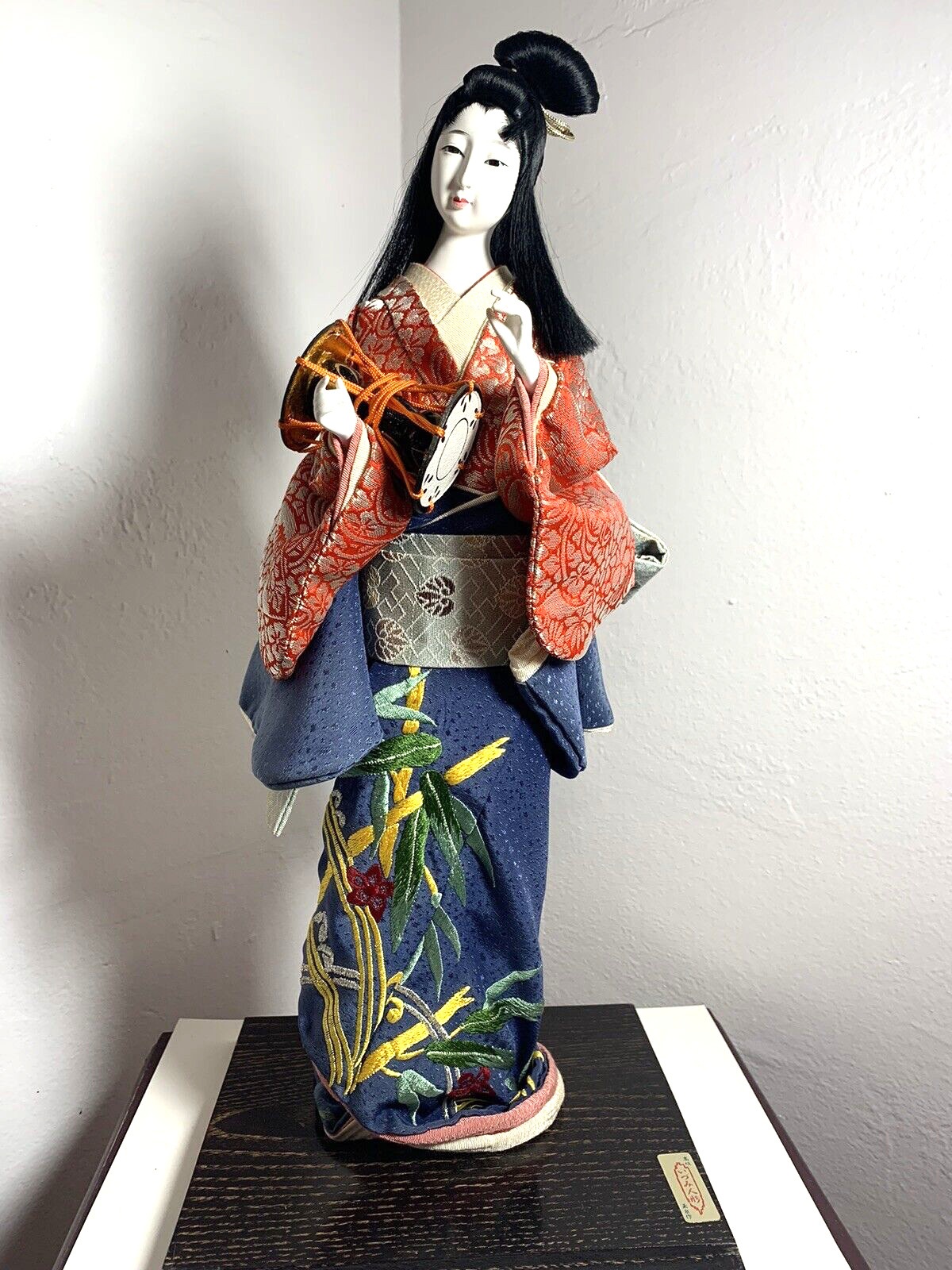 Vintage Embroidered Kimono Geisha Doll with Percussion Drum 17\