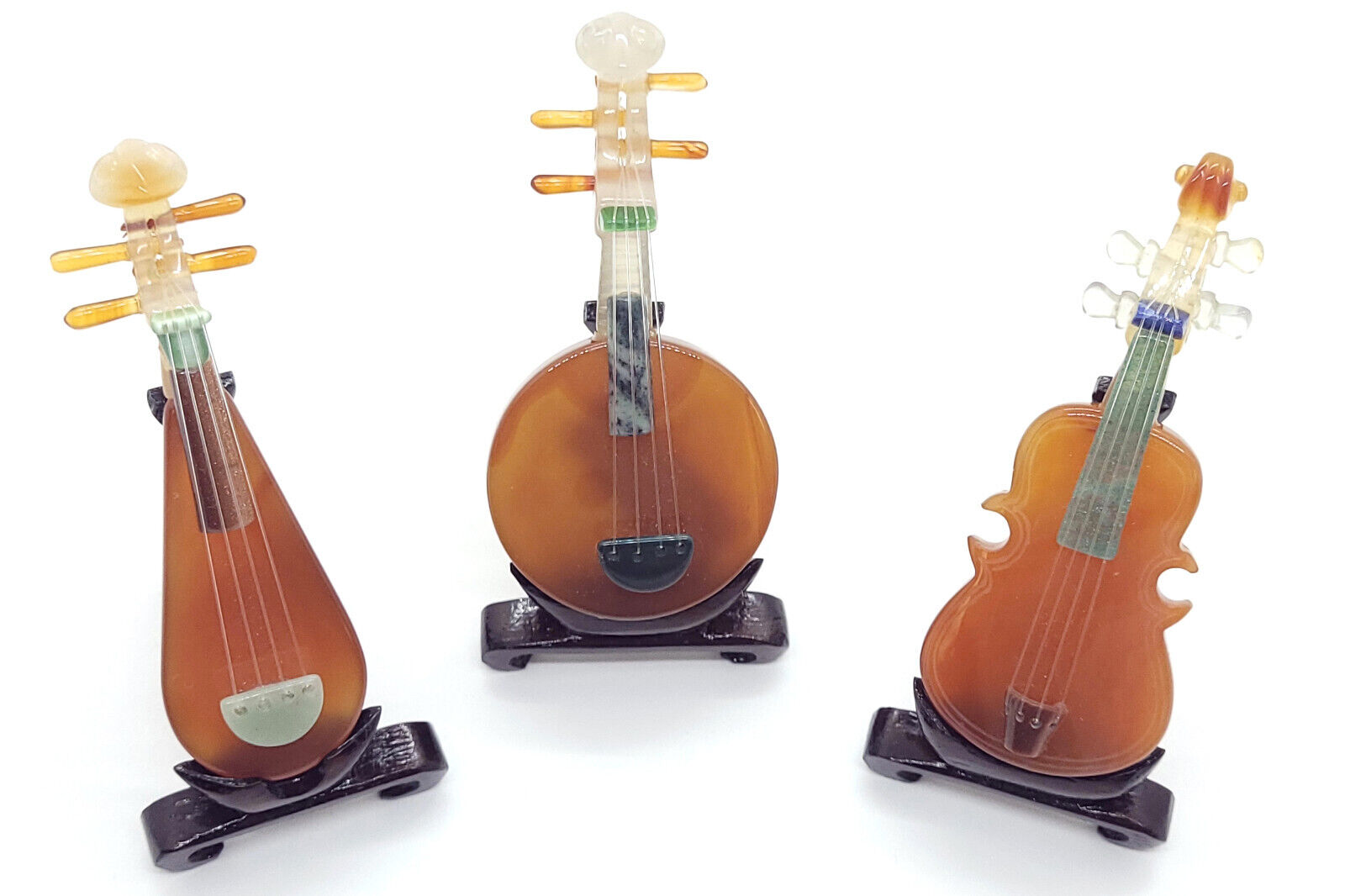 Gemstone Instrument Figurines Wood Stands,Set of 3, Carnelian Lute, Banjo,Violin