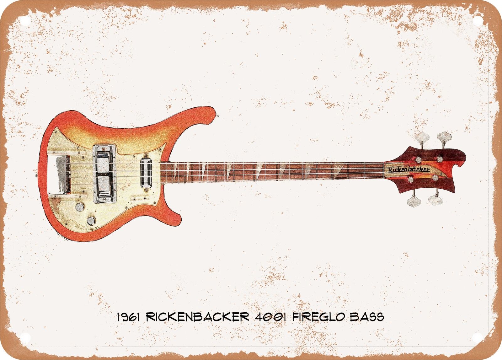 Guitar Art - 1961 Rickenbacker Bass Pencil Drawing - Rusty Look Metal Sign