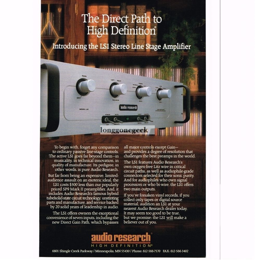 1989 Audio Research LS1 Amplifier Stereo Hi-Fi Vintage Ad 