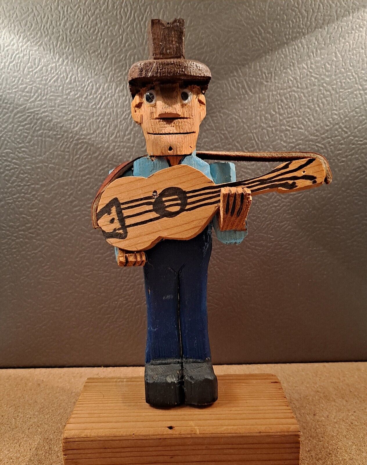 Vtg Guitar Man With Hat Wood Country Folk Decor 8x4 Collectable Gift Music