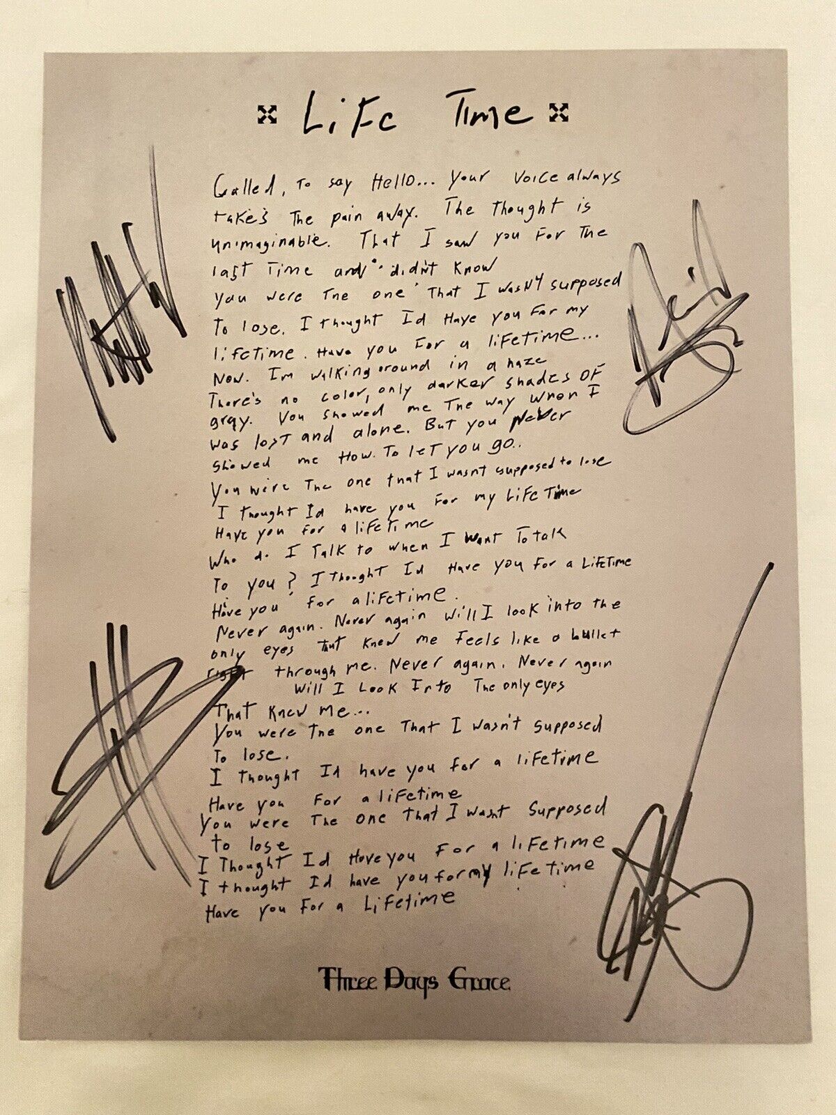 Three Days Grace Autographed Life Times Lyrics