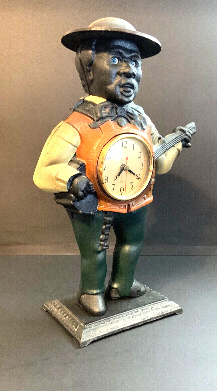 Vintage Cast Iron Americana Banjo Man Clock Sculpture -Working Clock 