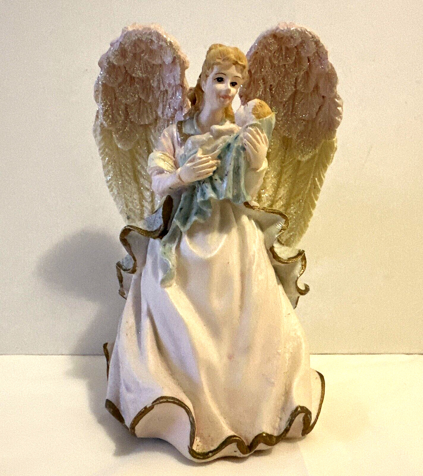 Vintage Musical Angel Figurine Holding Baby Plays Silent Night Large Wings Mica