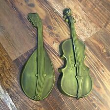 Vintage 60s Royal Cast Metal Green Bass Guitar and Mandolin Wall Hangings Art picture