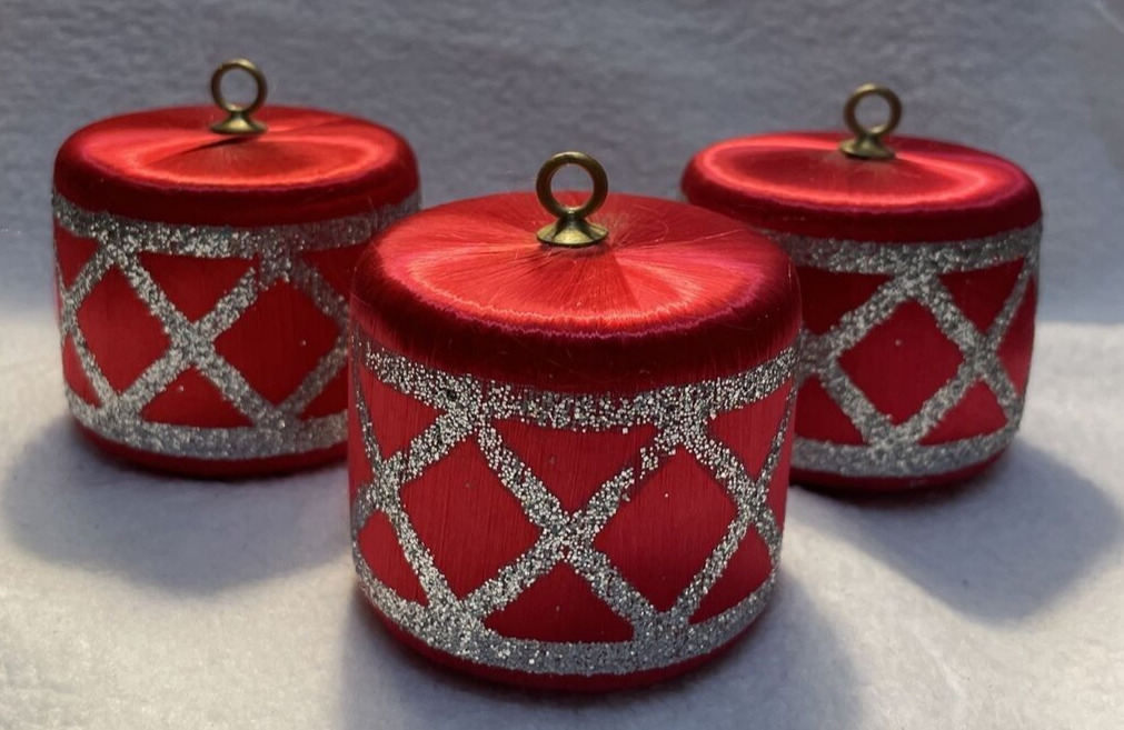 Vintage Red Silver Glitter Satin Drum Ornaments Set Of 3