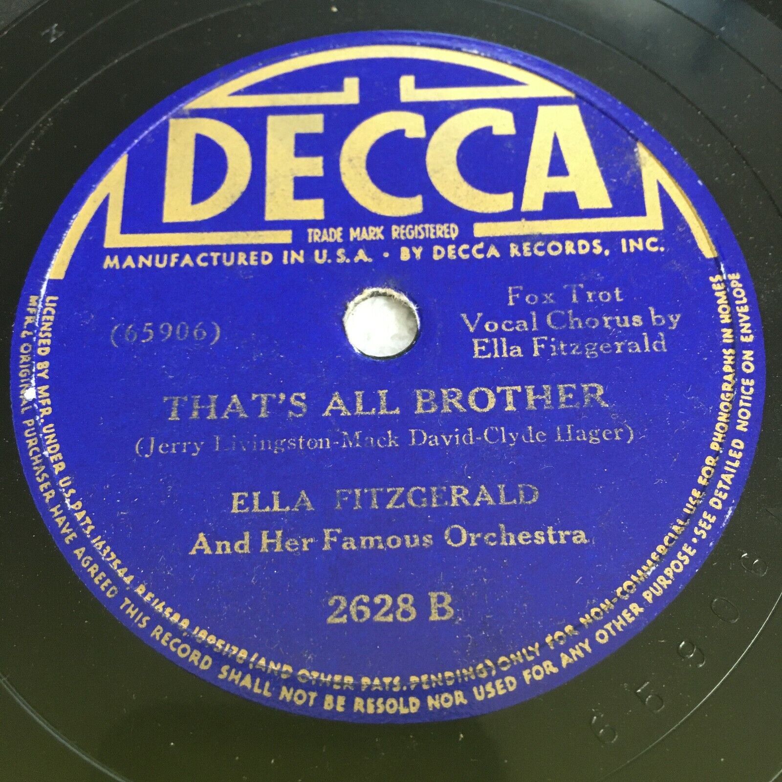 ELLA FITZGERALD That\'s All Brother / I Want the Waiter DECCA 2628 RPM 78