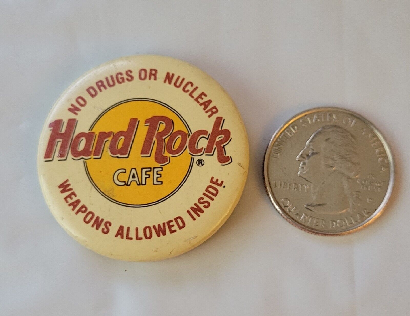 Vintage Hard Rock Cafe Pin Button No Drugs or Nuclear Weapons Allowed Inside