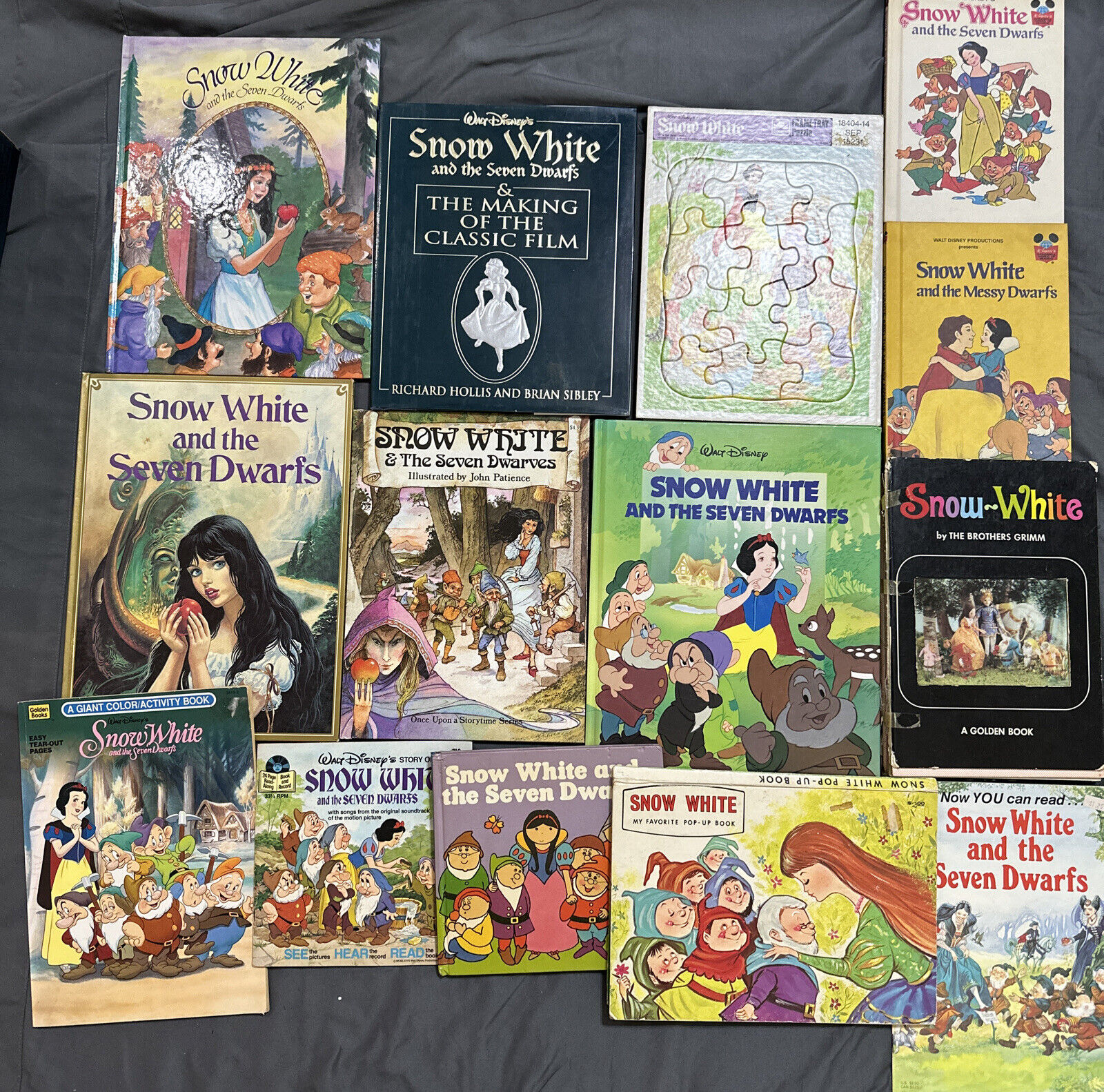 Vintage 15 Pc Lot-  60’s+ Disney Books, Record Set, Puzzles-  Snow White , Grimm