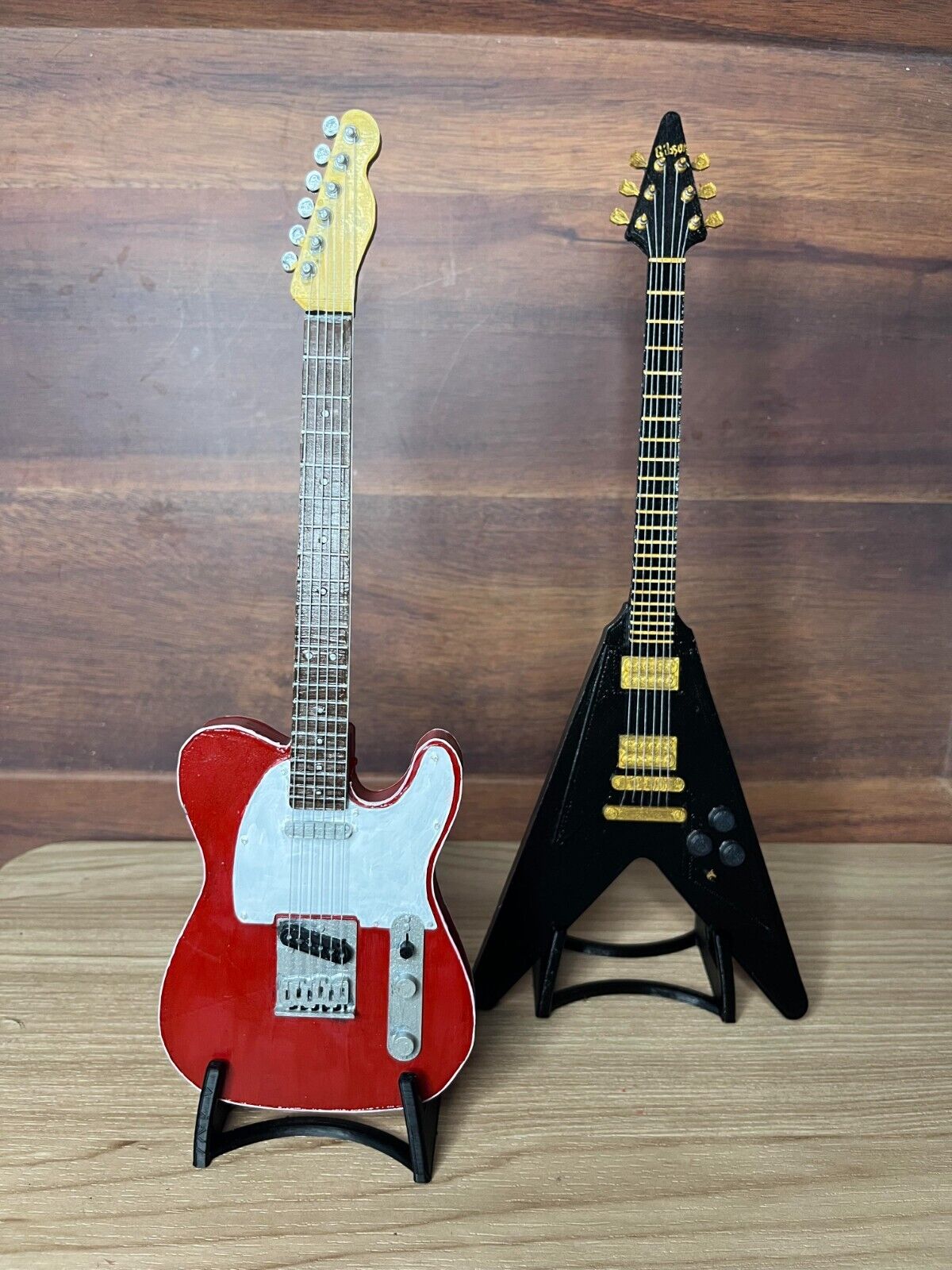 Miniature Guitar Replica Fender Telecaster and Gibson Flying V Model Display
