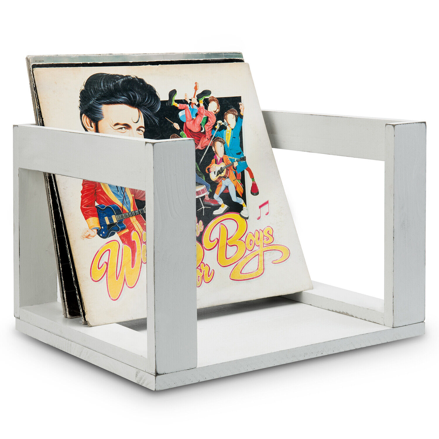 MyGift Vintage White Solid Wood Vinyl LP Record Album Storage Display Crate Box