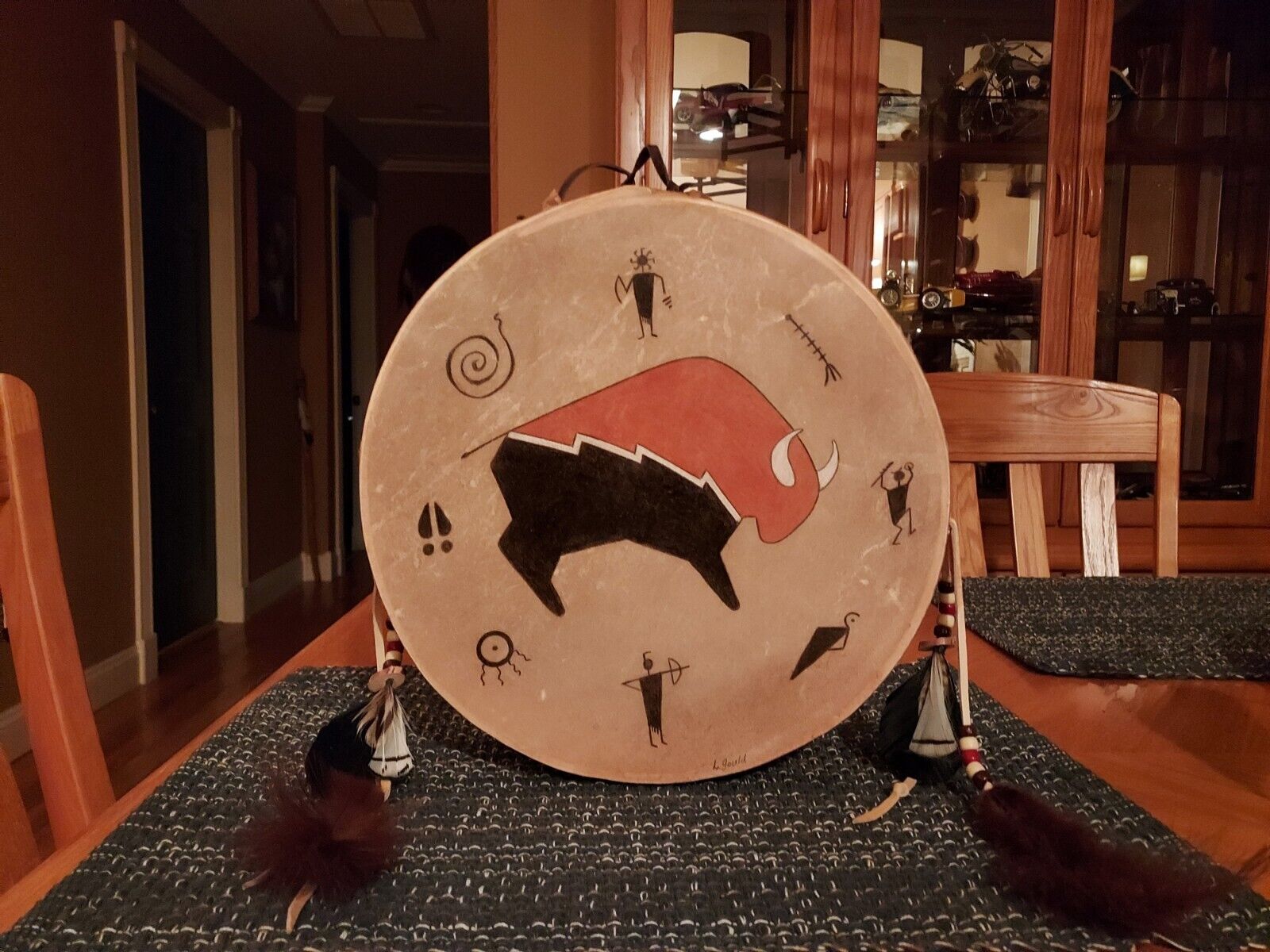 Native American Hand Painted 12 Inch Rawhide Drum signed