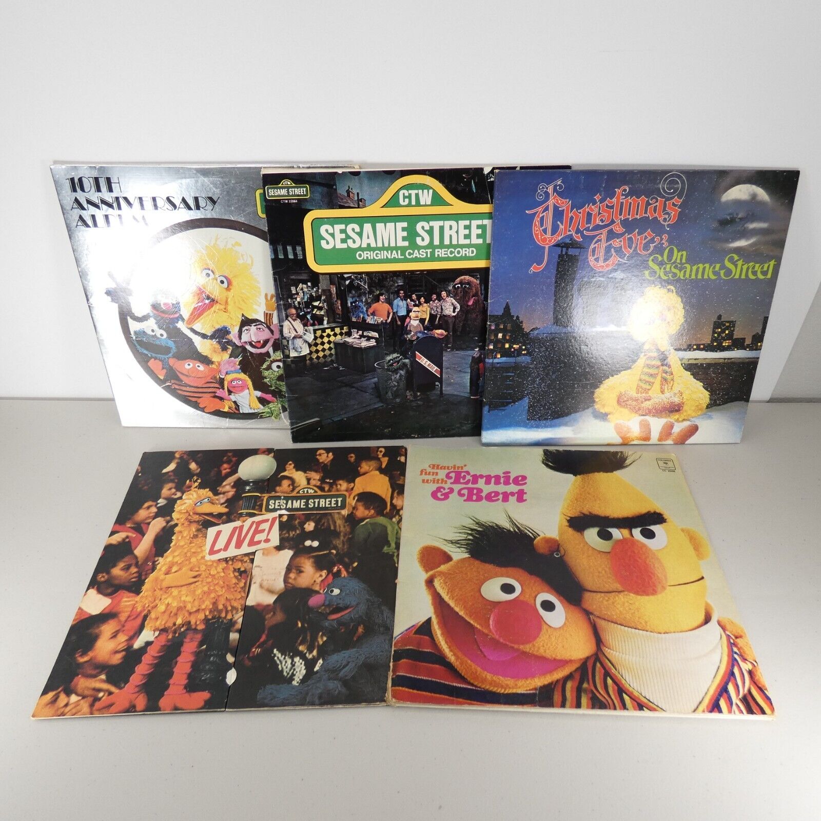 Lot of 5: Vintage Sesame Street Vinyl Records -Ernie Bert, 10th Anniv, Live