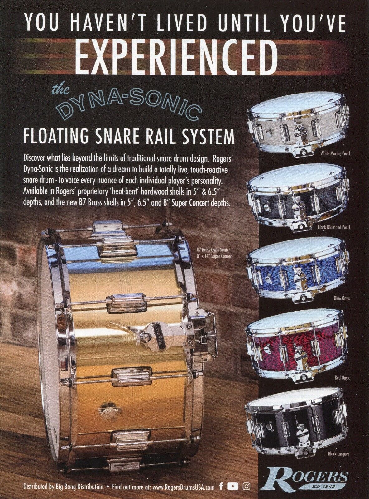 2021 Print Ad of Rogers Dyna-Sonic Snare Drums B7 Brass, Pearl, Blue & Red Onyx