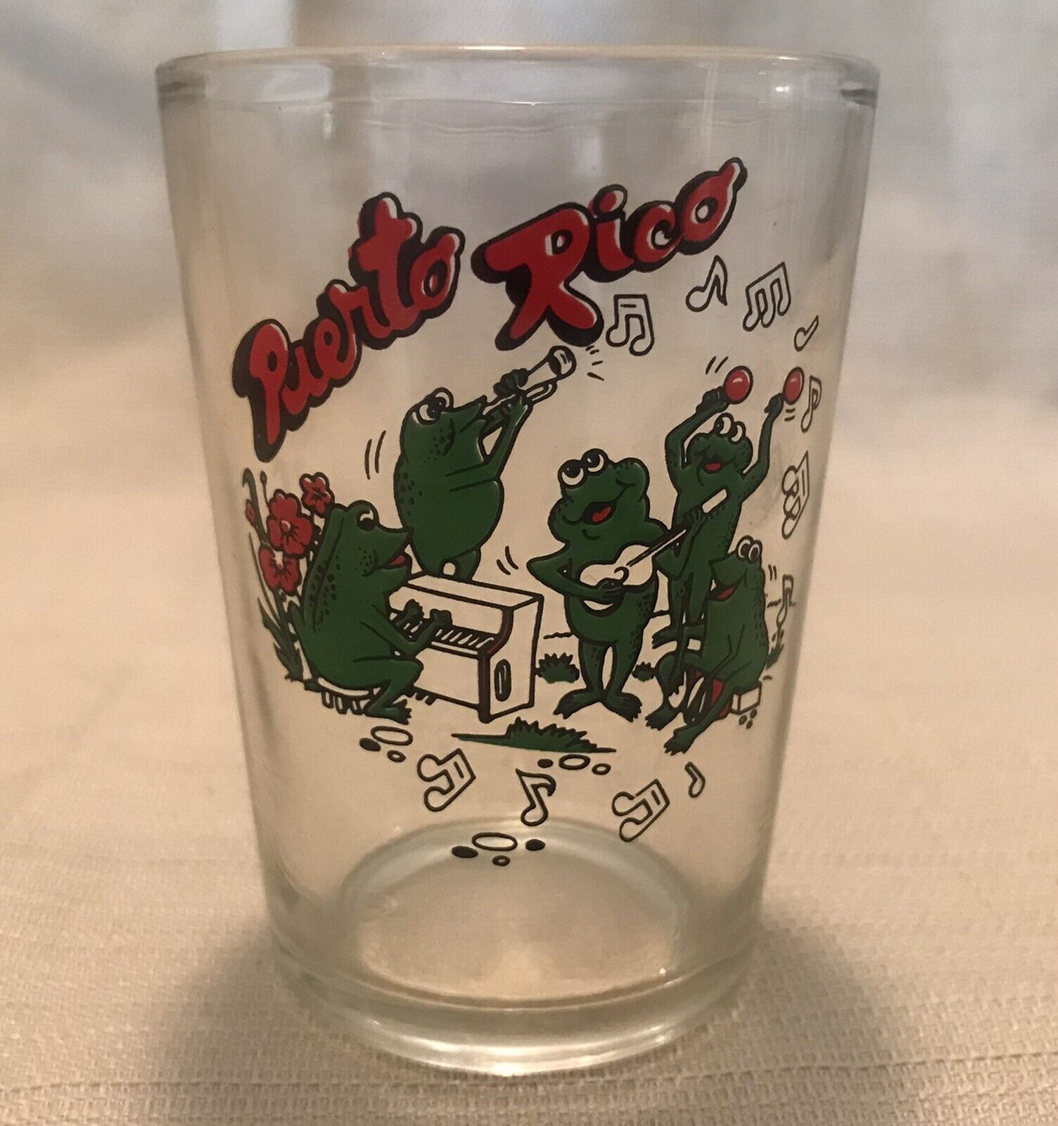 Vintage Puerto Rico Double Shot Glass 3 inch Red Green Frog Music Band Piano