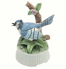 Vtg Blue Jay Bird Music Box Schmid Porcelain Ceramic Bisque Rose Leaves Works picture