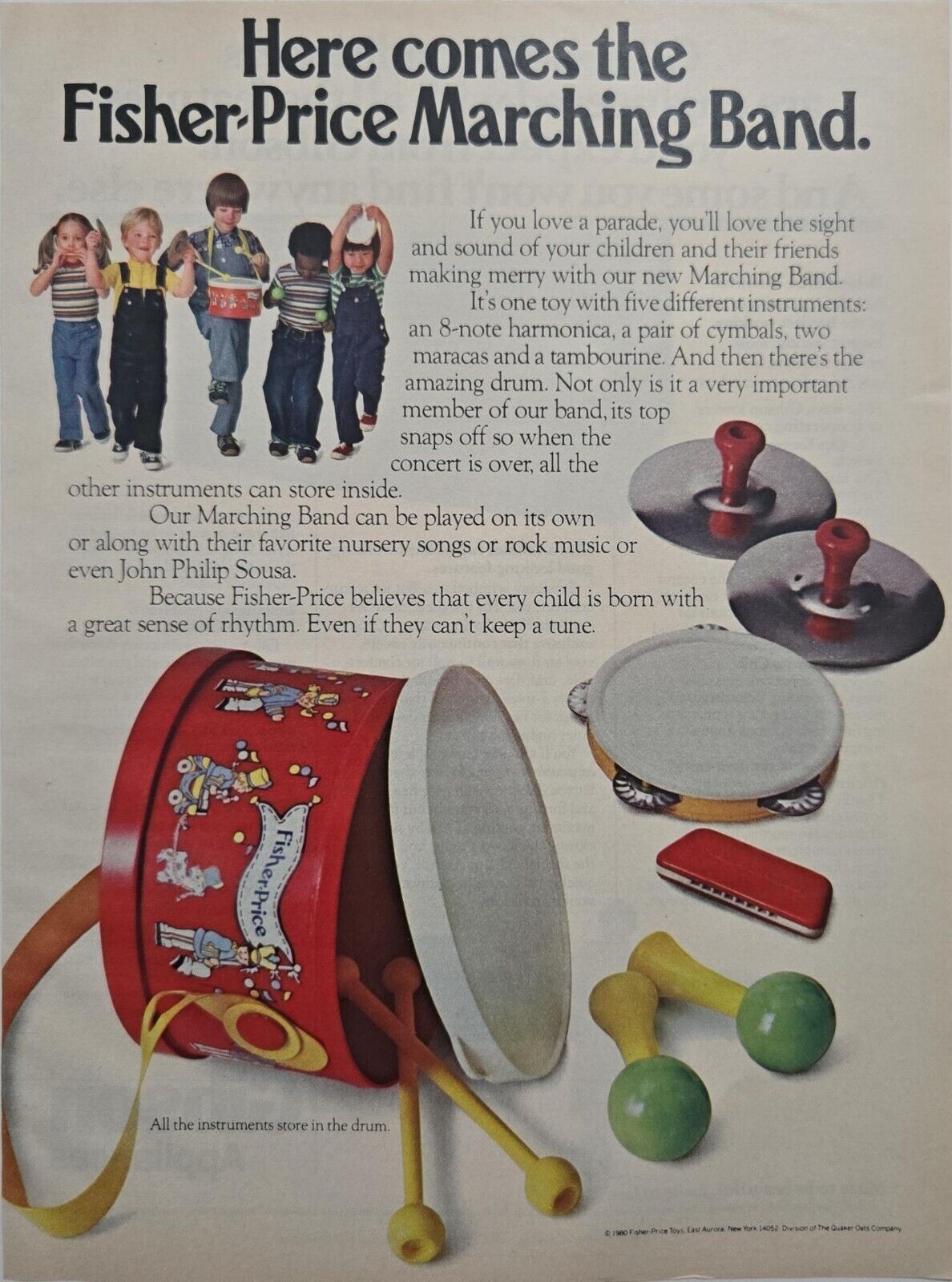 1980 Vintage Fisher Price Marching Band Toys Ad Music Symbols Harmonica Drums 