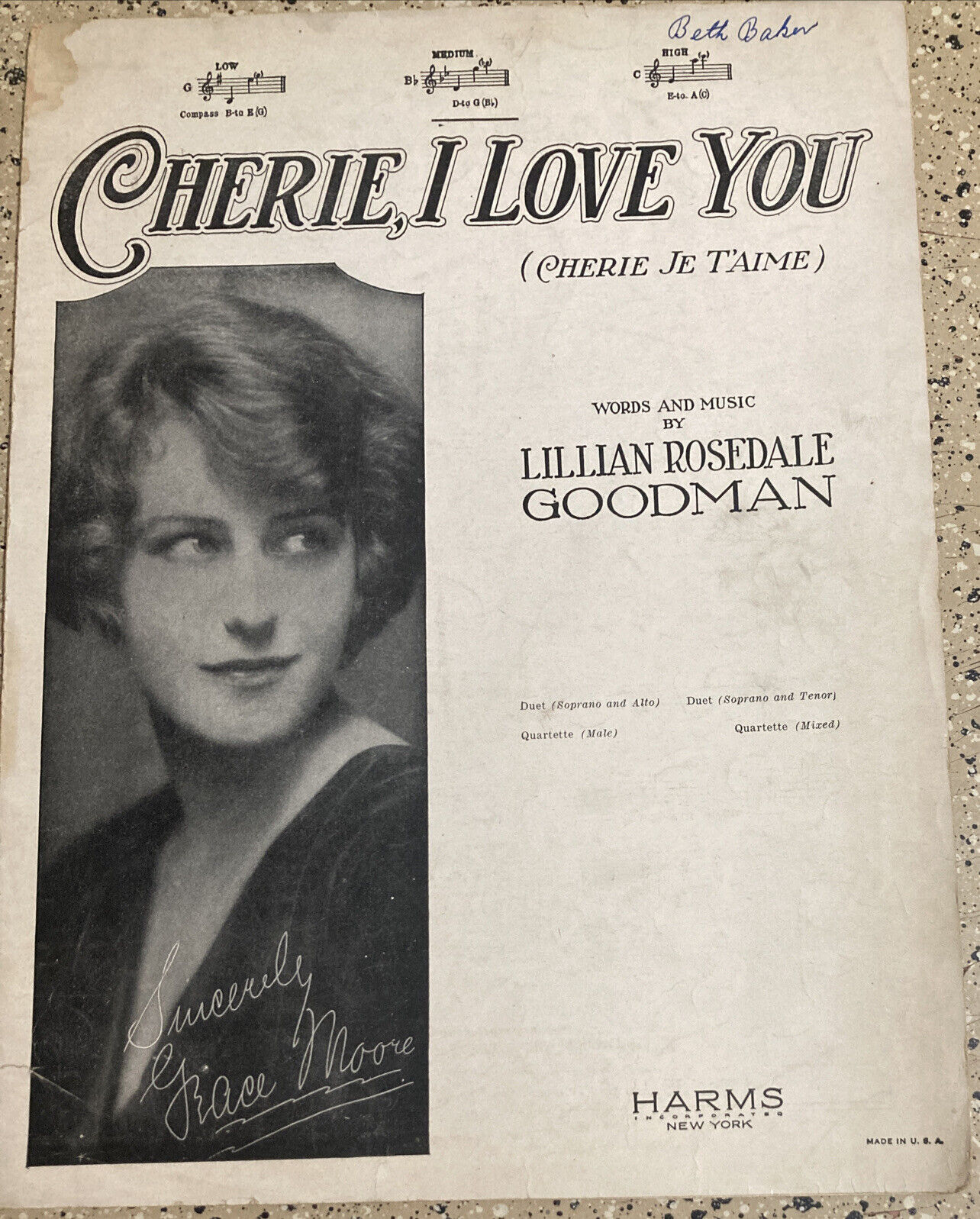 VINTAGE SHEET MUSIC 1926 CHERIE, I LOVE YOU LILLIAN ROSEDALE GOODMAN 