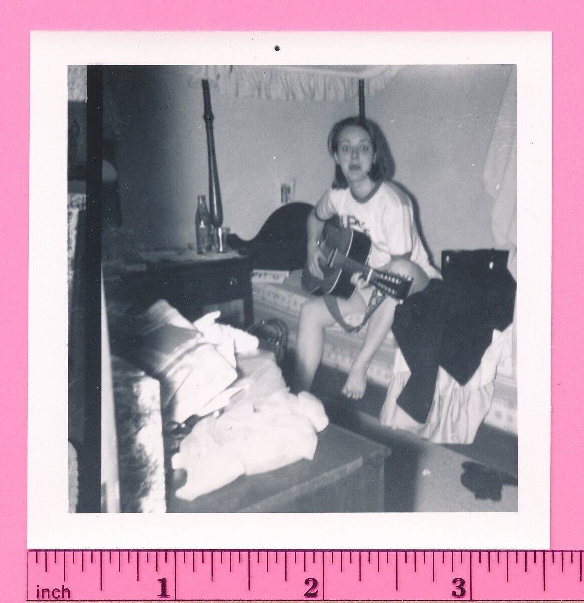 Barefoot College Girl Musician Holding Guitar in Room Vintage Snapshot Photo