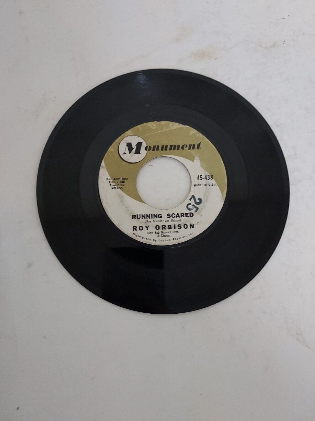 45 RPM Vinyl Record Roy Orbison Running Scared VG